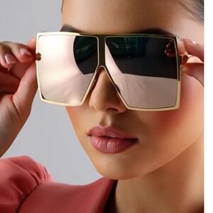 Oversize Vintage Retro Shield Style SUN GLASSES XL Square Gold‎ Frame Pink Lens